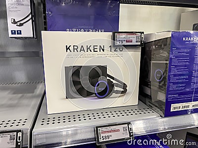 Seattle, WA USA - circa September 2022: Close up view of NZXT Kraken CPU cooler products for sale inside a Best Buy store Editorial Stock Photo