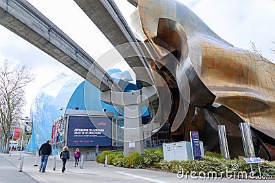 The Museum of Pop Culture (MoPOP) and Monorail in Seattle Editorial Stock Photo