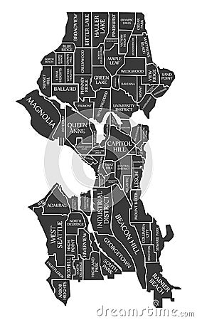 Seattle Washington city map USA labelled black illustration Vector Illustration