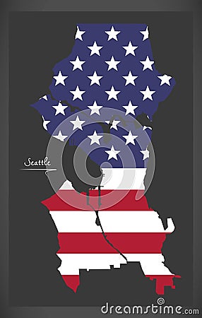 Seattle Washington map with American national flag illustration Vector Illustration