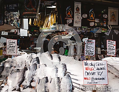 Seattle, Washington, United States of America - Fresh salmons displayed at Pike Place Fish Market. Editorial Stock Photo