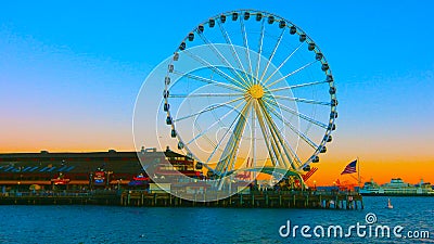 Seattle, Washington, United States usa janvier ,10, 2019 , Seattle waterfront with Seattle Great Wheel, sunset , tourist Stock Photo