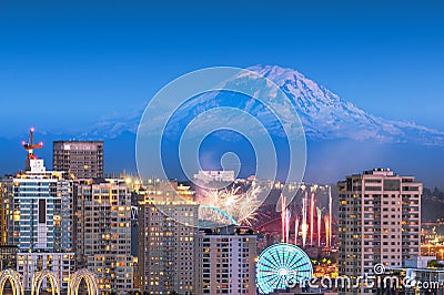 Seattle, Washington, USA downtown skyline with Mt. Rainier Stock Photo