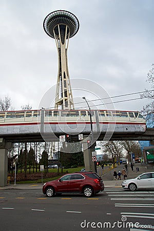 SEATTLE, WASHINGTON, USA - JAN 24th, 2017: Experience Music Project EMP and Seattle monorail running through with the Editorial Stock Photo