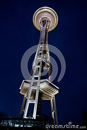 SEATTLE, WASHINGTON, USA - JAN 25th, 2017: Space Needle against a dark blue sky clear night as viewed from the ground Editorial Stock Photo