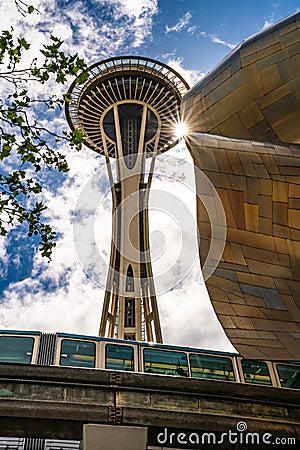 Seattle Washington view of landmark Space Needle and Museum of Pop Culture Editorial Stock Photo