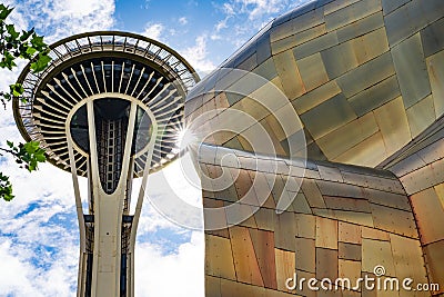 Seattle Washington view of landmark Space Needle and Museum of Pop Culture Editorial Stock Photo