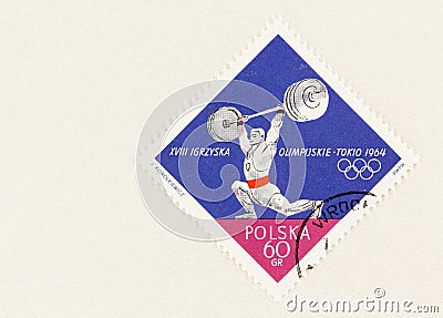 Weight Lifter on Polish Stamp with Copy Space Editorial Stock Photo