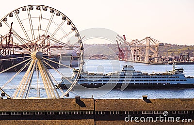 Seattle Waterfront Ferryboat Big Wheel Gantry Cranes Stock Photo