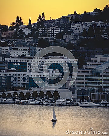 Seattle Waterfront Housing View of Sunset Sailboat Adventure Editorial Stock Photo
