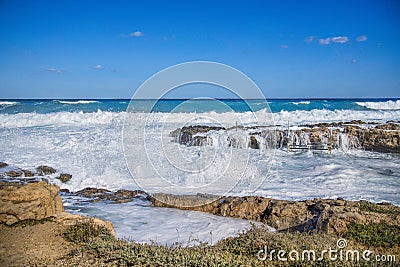 Seaview at Protaras in Cyprus. Winter season , waves blue sky, deep blue sea. Mediterranean sea Stock Photo