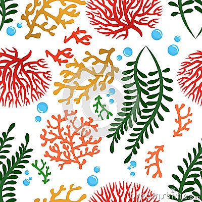 Seaweeds and corals seamless pattern. Cartoon color underwater reef plants. Aquarium, ocean and undersea floral Vector Illustration