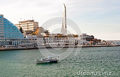 SEBASTOPOL, RUSSIA - NOVEMBER 4,2018: Artillery bay of Black sea, view of Hero-City obelisk on cape Crystal Stock Photo