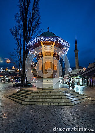 Sebilj in Bacarsija district, Sarajevo at night Editorial Stock Photo