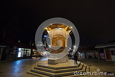Sebilj fountain, on Bascarsija district, at night. This fountain is considered to be one of the greatest landmarks of the Ottoman Editorial Stock Photo