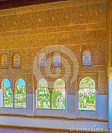 Sebka decorated wall of Oratory, Nasrid Palace, Alhambra, Granada, Spain Editorial Stock Photo