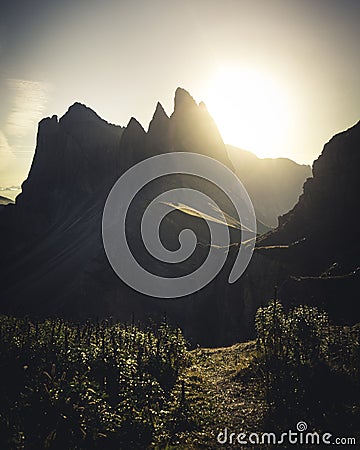 Seceda Mountain in Dolomites during Sunrise in Autumn Stock Photo