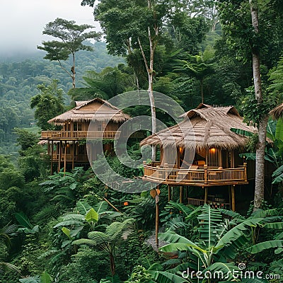 Secluded Bamboo Bungalows in the Rainforest Stock Photo