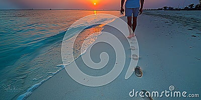 A secluded beach with soft sand and slow waves, where the couple enjoys a romantic evening, looki Stock Photo