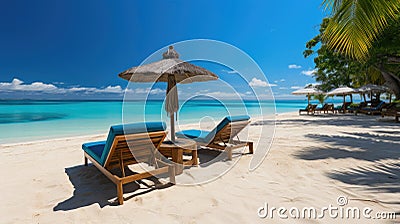 Secluded Luxury: Lounge Chairs on the Maldivian Shore. Stock Photo