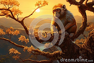 Secluded Monkey tree forest sunlight. Generate Ai Stock Photo
