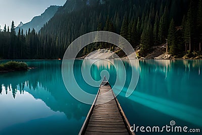 A secluded mountain lake nestled among dense pine forests, its azure waters beckoning you to experience its serenity Stock Photo