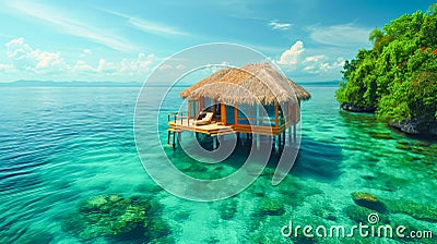 Secluded Overwater Hut in Serene Tropics. A solitary overwater hut with a thatched roof in the clear tropical waters Stock Photo