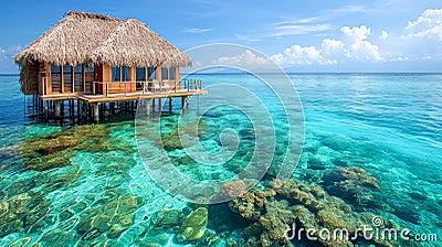 Secluded Overwater Hut in Serene Tropics. A solitary overwater hut with a thatched roof in the clear tropical waters Stock Photo