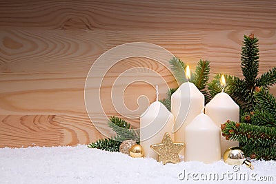 Two white burning candle for the second advent. Stock Photo