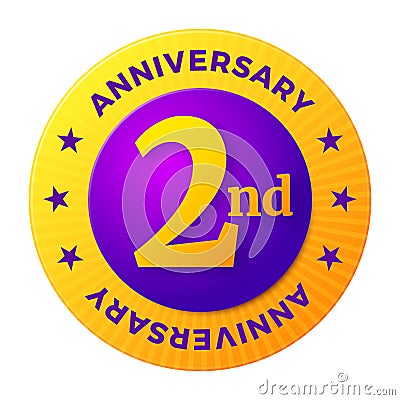 Second Anniversary badge, gold celebration label, Vector Illustration