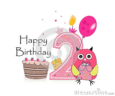 Second birthday greeting card. Cute owl, balloon and birthday cake vector background Stock Photo