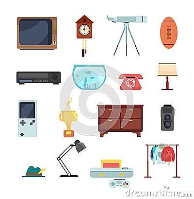 Second hand clothes, vintage goods from flea market vector set isolated on white background Vector Illustration