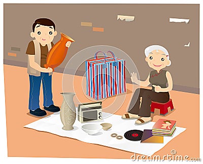 Second-hand goods hawker in Hong Kong Vector Illustration