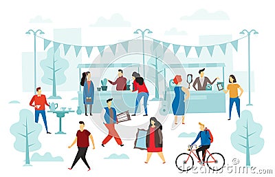 Second hand shop. Flea market, street shop trading stalls and fashion clothes swap. People selling cloth flat vector Vector Illustration