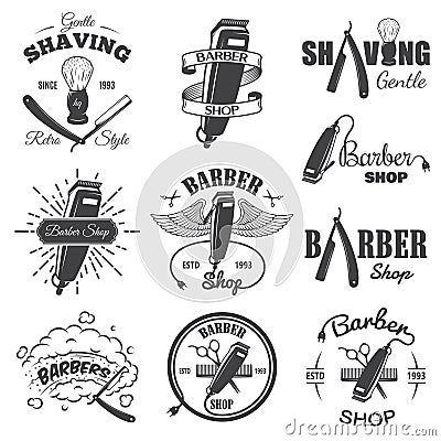 Second set of vintage barber shop emblems. Vector Illustration