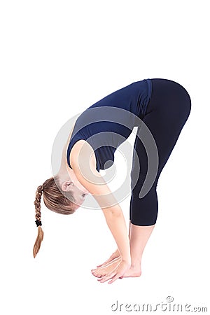 Second step of Yoga surya namaskar janubhalasana Stock Photo