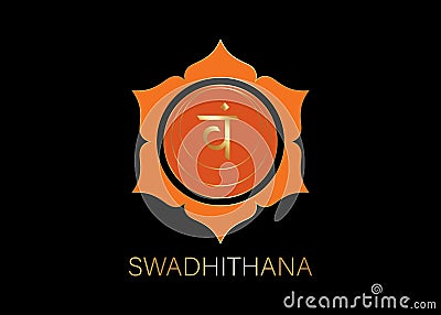 Second Swadhisthana chakra with the Hindu Sanskrit seed mantra Vam. Orange and Gold flat design style symbol for meditation, yoga Vector Illustration