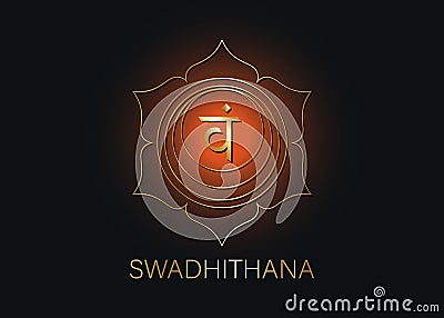 Second Swadhisthana chakra with the Hindu Sanskrit seed mantra Vam. Orange and Gold flat design style symbol for meditation, yoga Vector Illustration