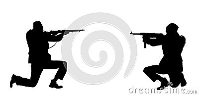 Second world war army soldier opponents with rifle in battle vector silhouette illustration. WW2 soldier with rifle aim shooting. Vector Illustration