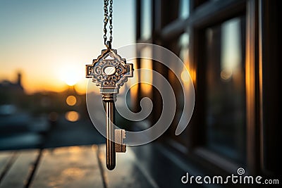 Secondhand house key in the door, indicating owners estate investment Stock Photo