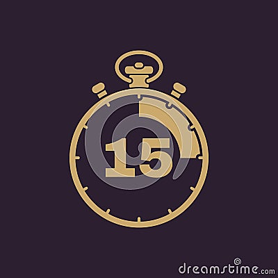 The 15 seconds, minutes stopwatch icon. Clock and watch, timer, countdown, stopwatch symbol. UI. Web. Logo. Sign. Flat Vector Illustration