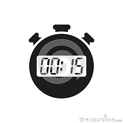 The 15 seconds, minutes stopwatch icon. Clock and watch, timer, countdown symbol. UI. Web. Logo. Sign. Flat design. App. Vector Illustration