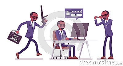 Secret agent black man, gentleman spy of intelligence service working Vector Illustration