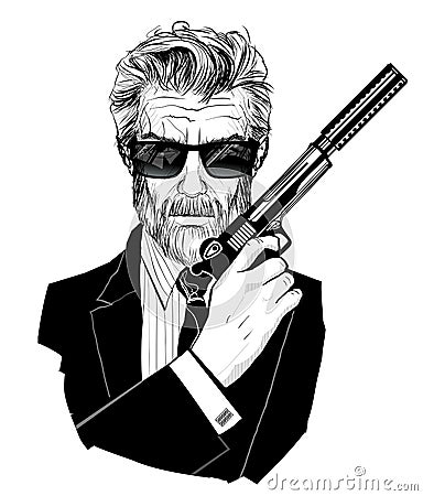 Secret agent in black suit holding a pistol with a silencer Vector Illustration