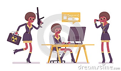 Secret agent black woman, lady spy of intelligence service working Vector Illustration