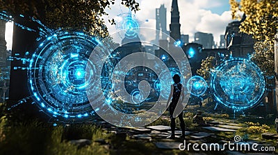 Secret agent monitoring data from futuristic holographic head up display in augmented reality simulation Stock Photo