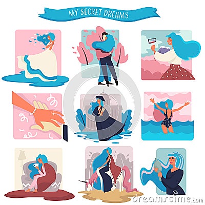 Secret dreams, womans fantasies isolated icons, love and traveling Vector Illustration