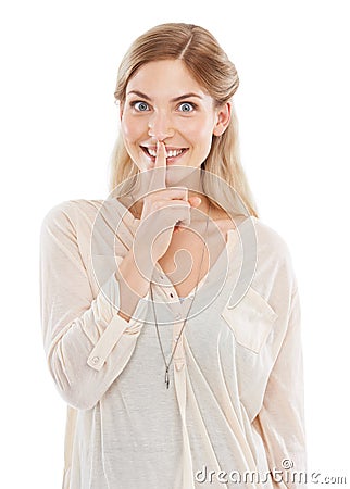 Secret, excited or portrait of happy woman with finger on lips in studio, white background for privacy. Mouth, smile or Stock Photo