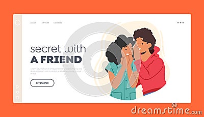 Secret with a Friend Landing Page Template. Children In Hushed Conversation. Two Kids Share Secrets, Intimacy Vector Illustration