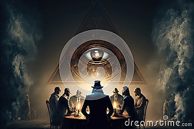 Secret meeting of Masons Dark room with the main Masonic sign on the wall. The concept of hagovor and religion. Generative AI Stock Photo